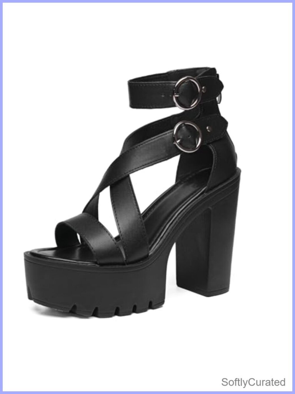 Womens Platform Chunky Heel Sandals Open Toe Faux Leather Ankle Strap